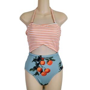 Albion The Day Tripper Swimsuit S Orange Stripe Blue Oranges Cut-Out Halter